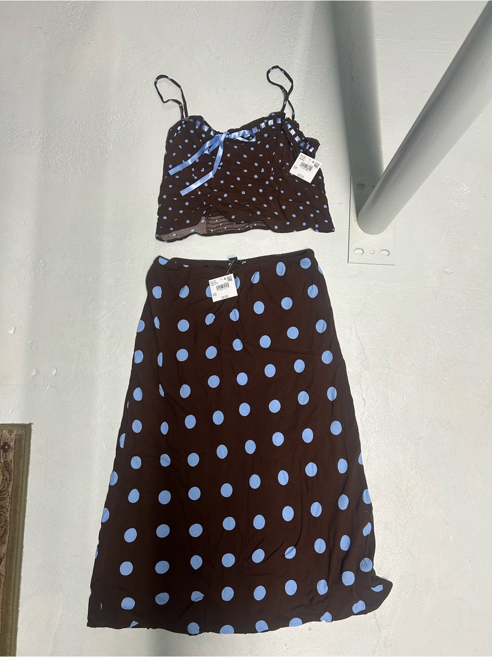 aerie Brown Midi Skirt with Light Blue Polka Dots